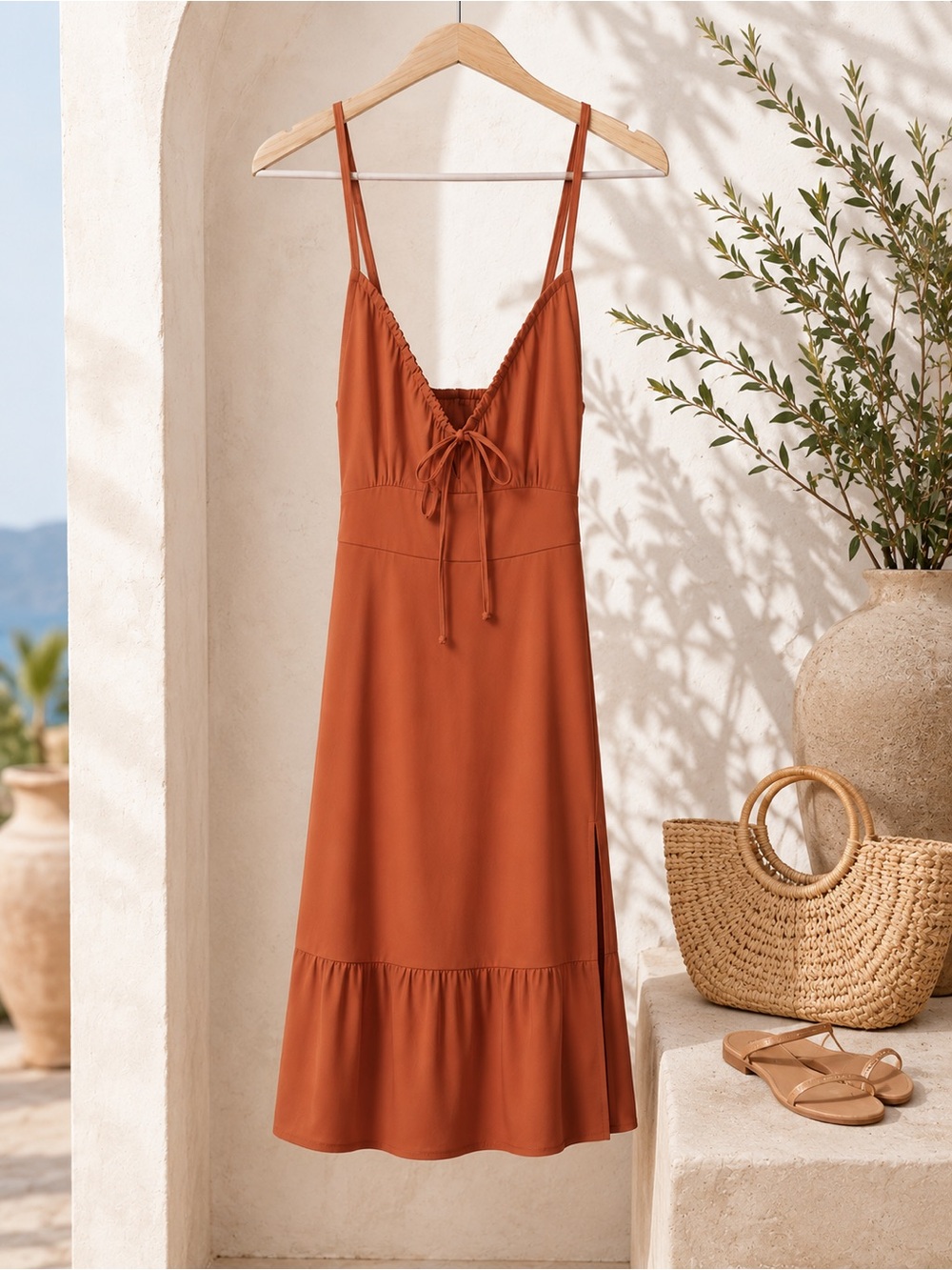 Rust Tie-Front Midi Dress - Women's Spaghetti Strap